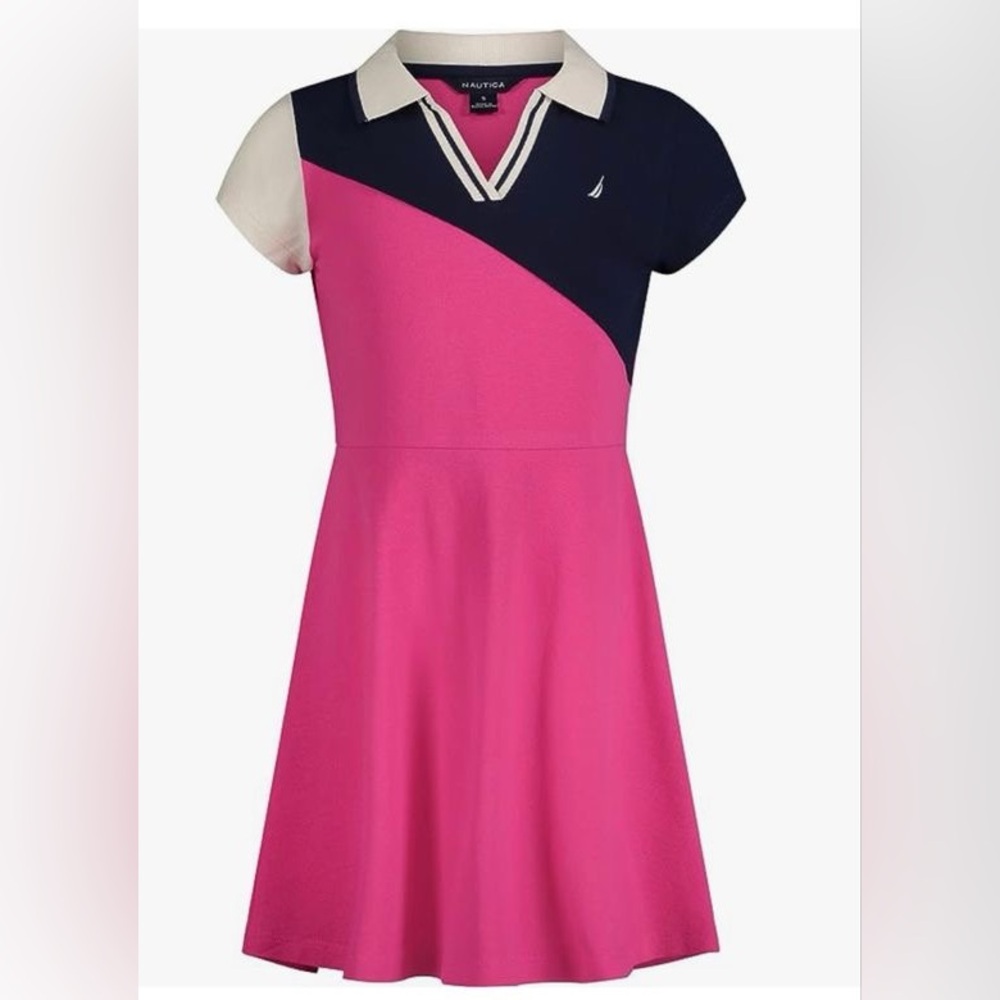 EUC. Girls Med (8/10) Nautica Girls Pink, White, Navy Colorblock Polo Dress